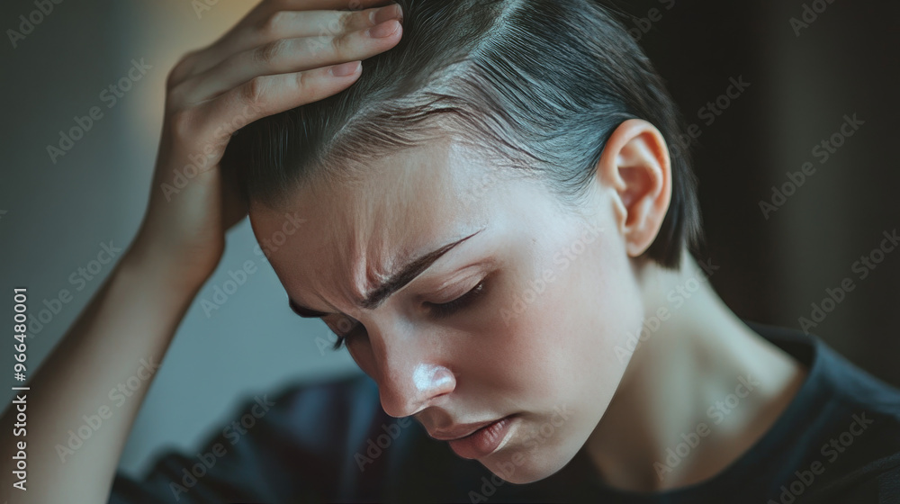 Fototapeta premium A woman is experiencing hair loss on her forehead and sides. This highlights that hair loss can be a worry, but there are ways to address and manage it.
