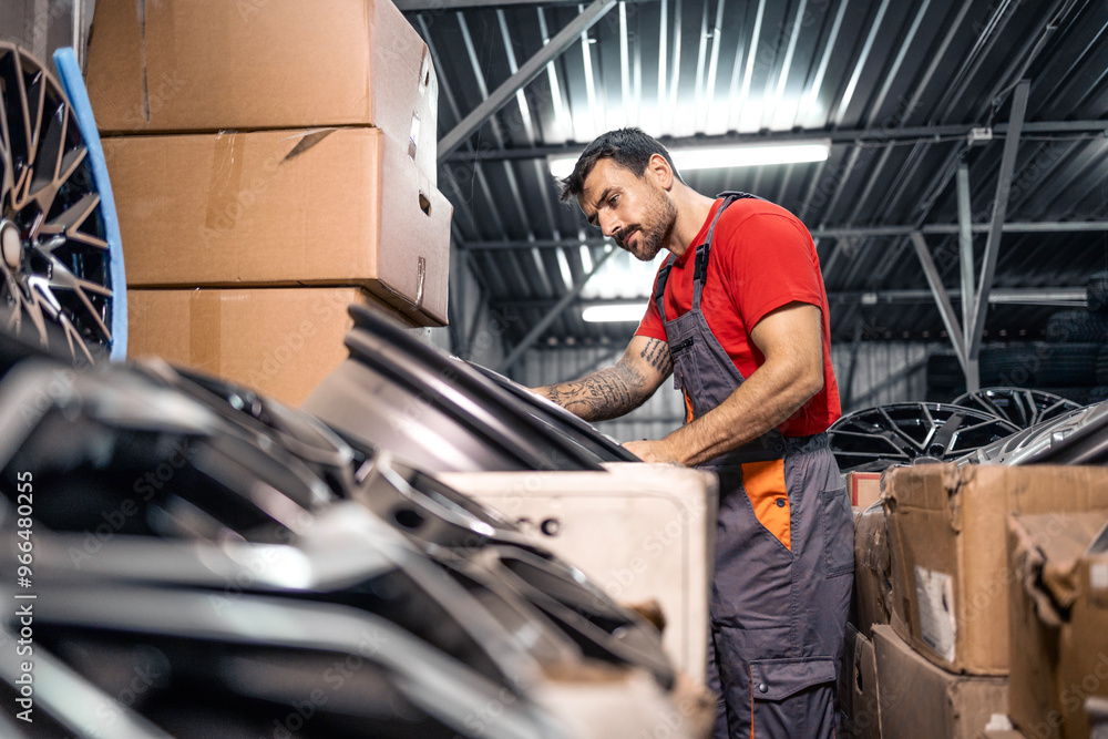 Fototapeta premium Warehouse worker arranging wheel rims for sale.