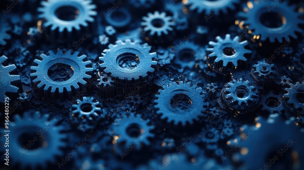 intricate network of interlocking gears in various sizes rendered in shades of navy blue against dark background symbolizing complexity intricate network of interlocking gears in various sizes rendered in shades of navy blue against dark background symbolizing complexity
