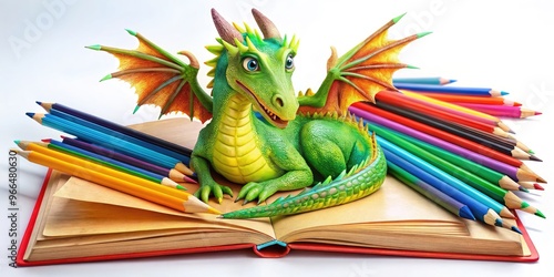 Vibrant illustration of a friendly dragon surrounded by colorful pencils, markers, and a partially colored book page, inviting creativity and imagination for young artists. photo