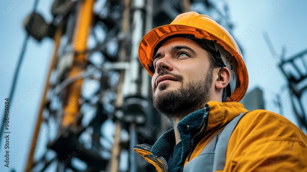 Construction worker wearing a hard hat at a drilling site during the day Construction worker wearing a hard hat at a drilling site during the day