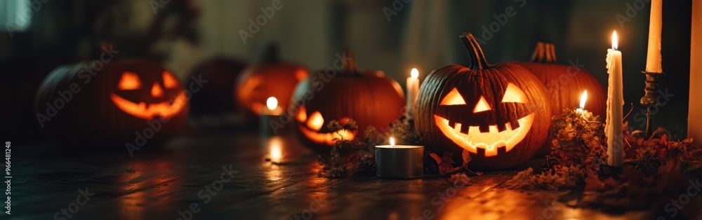 Fototapeta premium A cozy Halloween scene with glowing jack-o'-lanterns and candles.