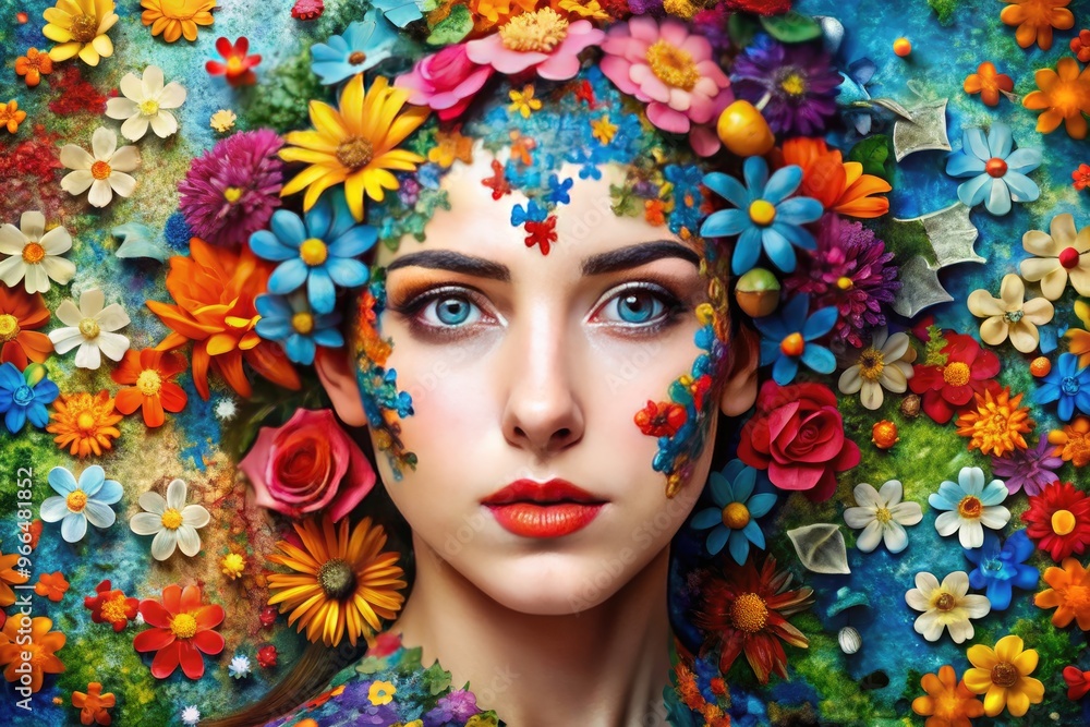 Vibrant mosaic portrait of a young woman's face composed of colorful puzzle pieces, flowers, and abstract shapes, symbolizing diversity, creativity, and self-expression. Vibrant mosaic portrait of a young woman's face composed of colorful puzzle pieces, flowers, and abstract shapes, symbolizing diversity, creativity, and self-expression.