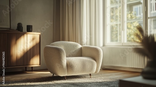 Classic, scandinavian interior design of modern living room with boucle armchair
