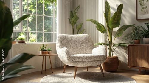 Classic, scandinavian interior design of modern living room with boucle armchair
