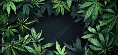 A dark background with numerous cannabis leaves. The leaves form the shape of an oval frame around it, creating space for text or graphics.