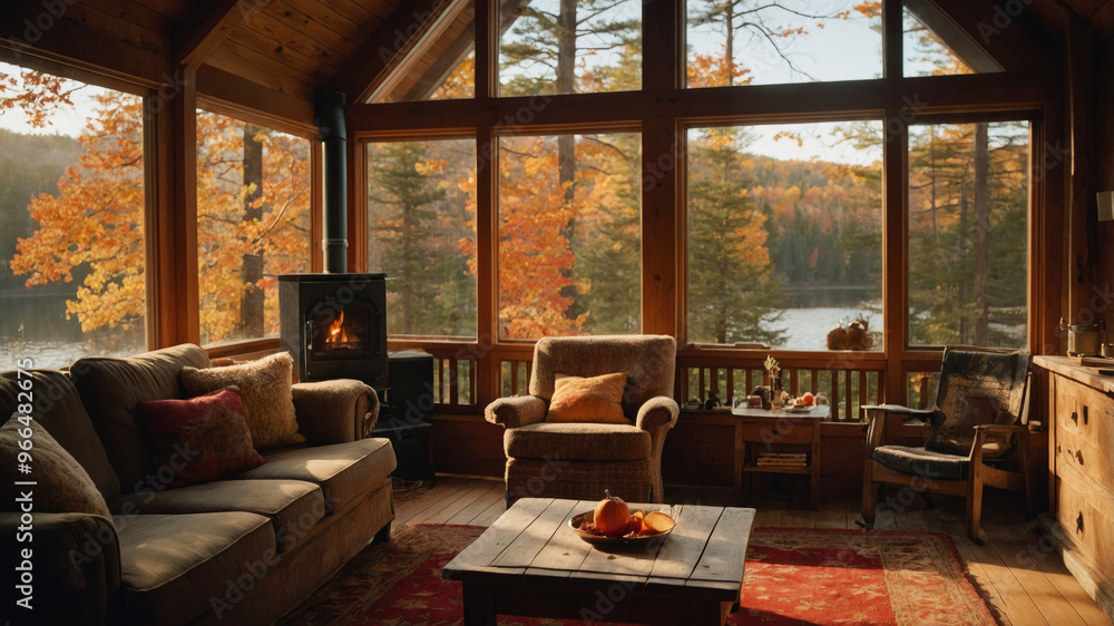 Fototapeta premium warm and cozy interior of a cottage with a crackling fireplace and rustic furniture from where you can see an autumn landscape through a large window