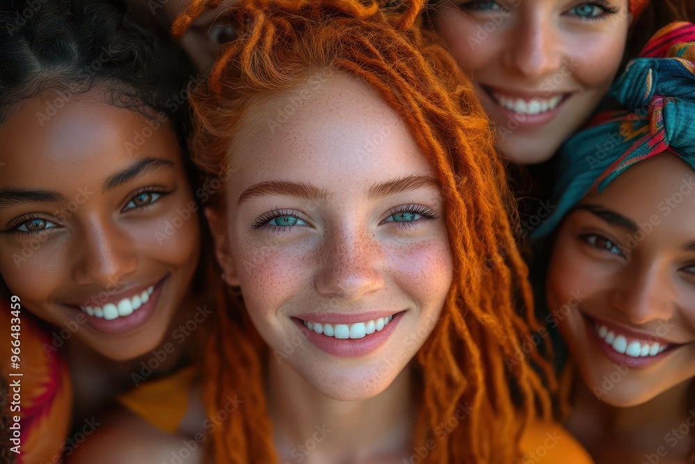 joyful diverse group portrait from birdseye view beaming faces form concentric circles vibrant clothing creates kaleidoscopic effect unity in diversity celebration