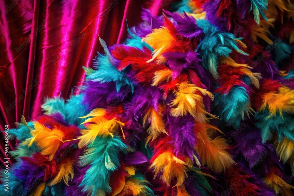 Vibrant plumage feather boa drapes elegantly across a luxurious velvet backdrop, showcasing subtle sheen and intricate patterns in a mesmerizing display of texture and color. Vibrant plumage feather boa drapes elegantly across a luxurious velvet backdrop, showcasing subtle sheen and intricate patterns in a mesmerizing display of texture and color.