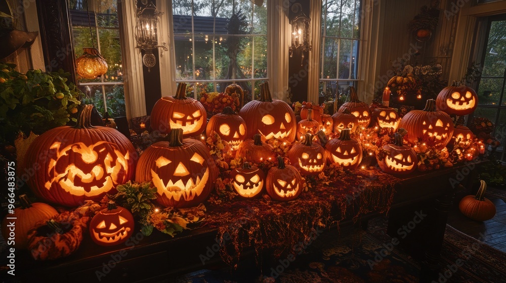 Fototapeta premium A festive display of intricately carved and illuminated pumpkins for Halloween celebration.