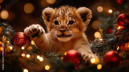 joyful lion cub christmas scene adorable young lion playfully paws at festive decorations warm lights and holiday cheer surround the curious cub in a whimsical winter setting photo