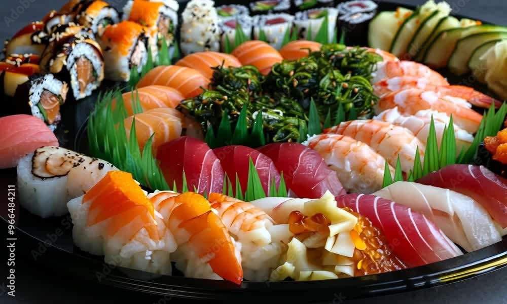 A sushi platter with colorful sashimi, nigiri, and maki rolls, arranged artfully on a black plate. Video A sushi platter with colorful sashimi, nigiri, and maki rolls, arranged artfully on a black plate. Video