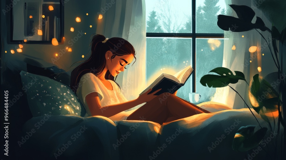 girl sitting in balcony reading book good reading atmospher illustration girl sitting in balcony reading book good reading atmospher illustration