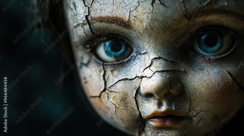A close-up of a cracked porcelain doll's face with striking blue eyes. A close-up of a cracked porcelain doll's face with striking blue eyes.