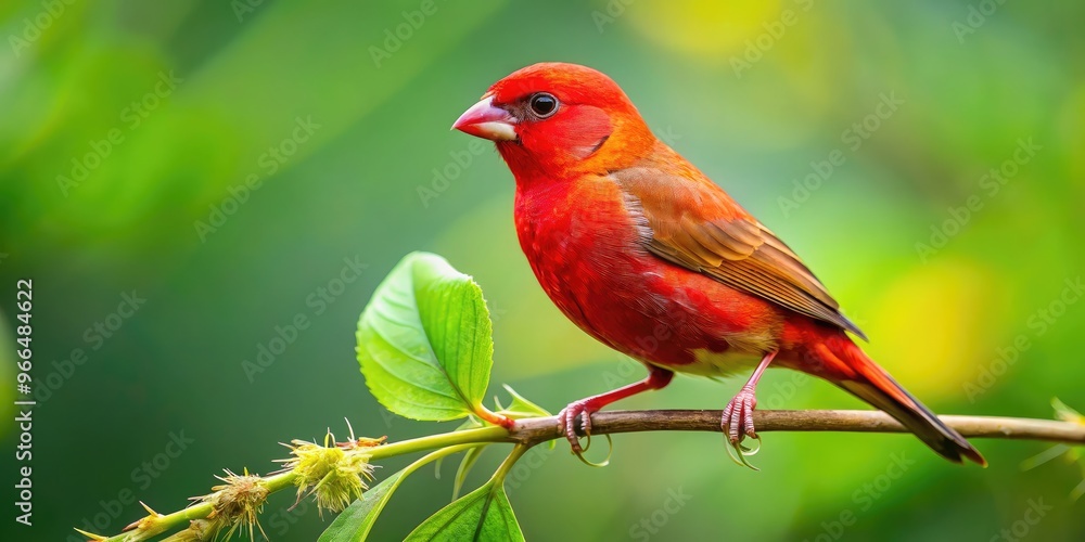 Vibrant strawberry finch perched on a delicate branch, its bright red plumage and yellow beak contrasting against a soft, blurred green foliage background. Vibrant strawberry finch perched on a delicate branch, its bright red plumage and yellow beak contrasting against a soft, blurred green foliage background.