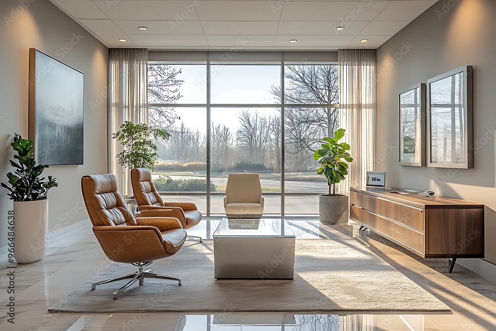Fototapeta premium A quiet office bathed in soft daylight, featuring sleek furniture and minimal decor.