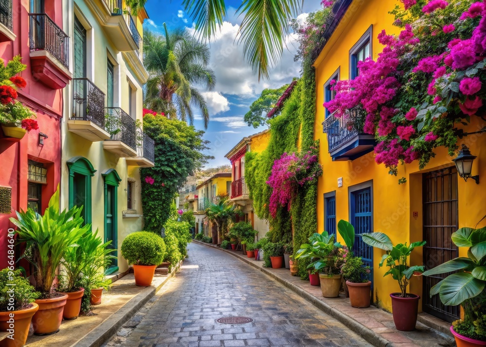 Fototapeta premium Vibrant street scene in a tropical city featuring colorful buildings, lush greenery, and exotic flowers, evoking a sense of paradise found in a bustling avenue.