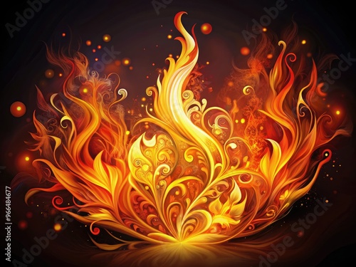 Vibrant, stylized flames dance across a dark background, surrounded by intricate, swirling patterns of orange, yellow, and red hues in a striking digital illustration. photo