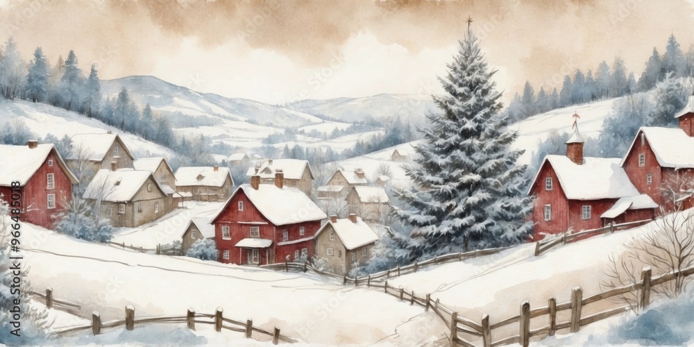 Snowy Christmas Village with Red Houses – Serene Holiday Landscape Snowy Christmas Village with Red Houses – Serene Holiday Landscape