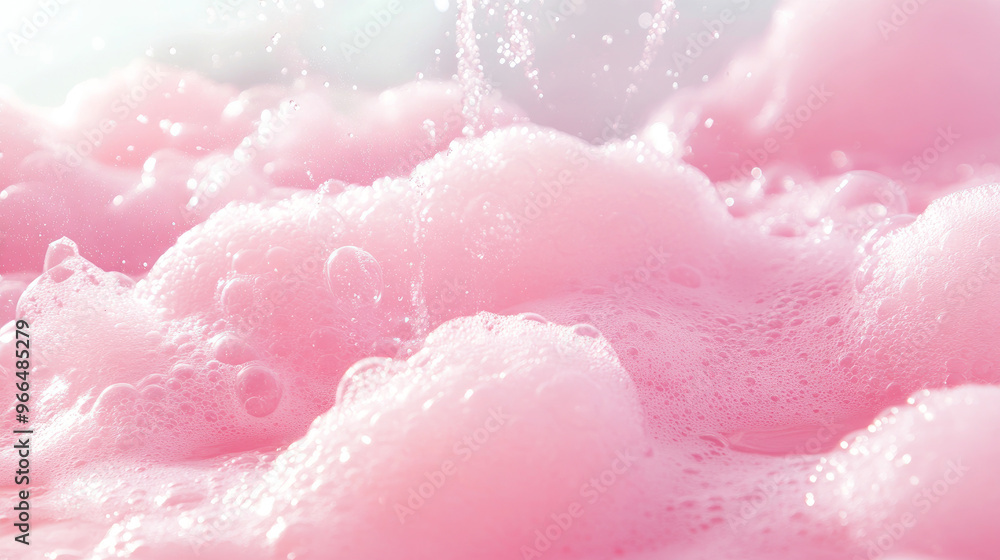 Fototapeta premium The bathtub is filled with soft, pink bubbles that look like fluffy clouds.