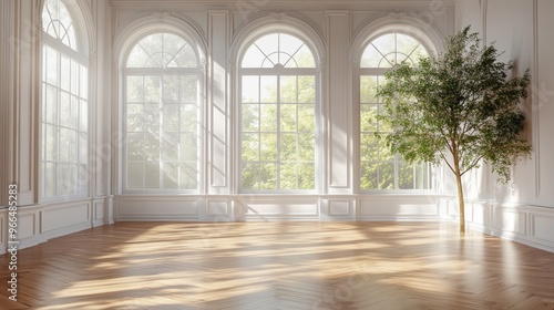 Sunlight Streaming Through Arched Windows in a White Room