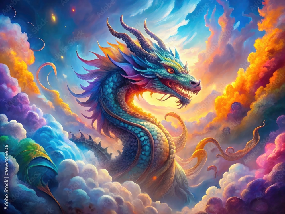 Vibrant watercolor illustration of a majestic dragon surrounded by swirling clouds and mist, with bold brushstrokes and soft, blended hues, evoking a sense of mystique. Vibrant watercolor illustration of a majestic dragon surrounded by swirling clouds and mist, with bold brushstrokes and soft, blended hues, evoking a sense of mystique.