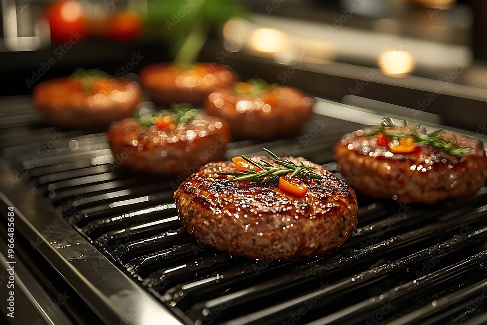 Plant-based meat burgers grilling in a futuristic kitchen, showcasing sustainable food. Plant-based meat burgers grilling in a futuristic kitchen, showcasing sustainable food.