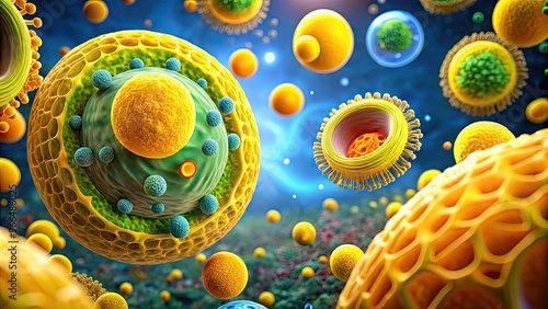 Vibrant yellow lysosomes, membrane-bound organelles containing digestive enzymes, burst with activity within a cell's cytoplasm, demonstrating cellular recycling and waste management processes. photo