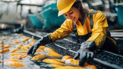 A worker caring for koi fish in an outdoor aquaculture facility photo