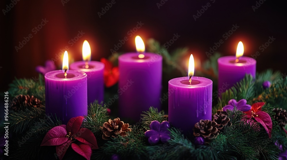Purple Advent Candles on Wreath Purple Advent Candles on Wreath