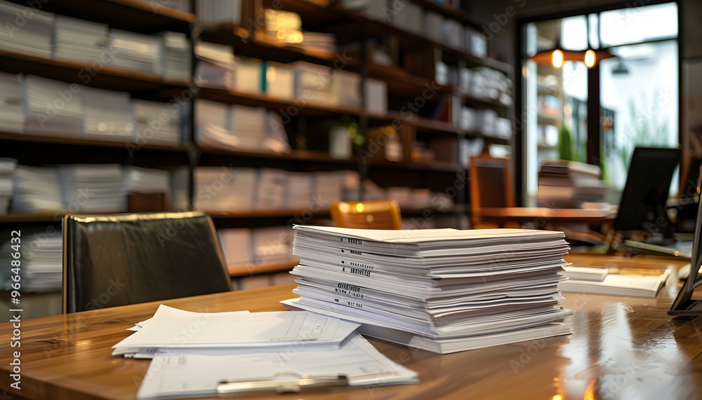 Busy Workspace with Stacks of Papers and Tablet in Modern Office Busy Workspace with Stacks of Papers and Tablet in Modern Office