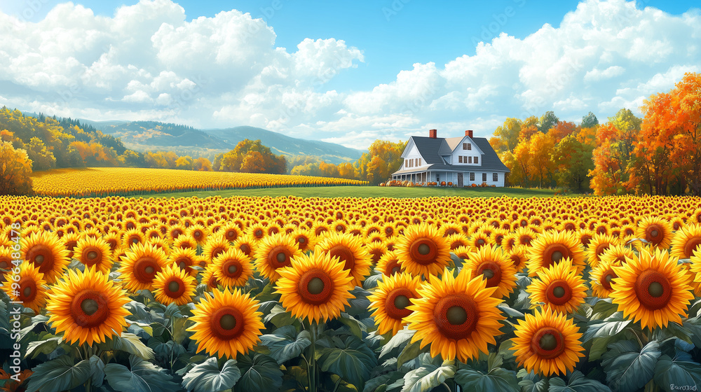 Obraz premium A picturesque farm with fields of ripe corn, pumpkins, and sunflowers under a clear blue sky, with a cozy farmhouse in the background.