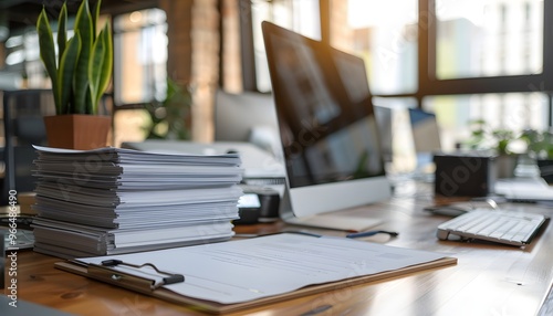 Wallpaper Mural Busy Workspace with Stacks of Papers and Tablet in Modern Office Torontodigital.ca