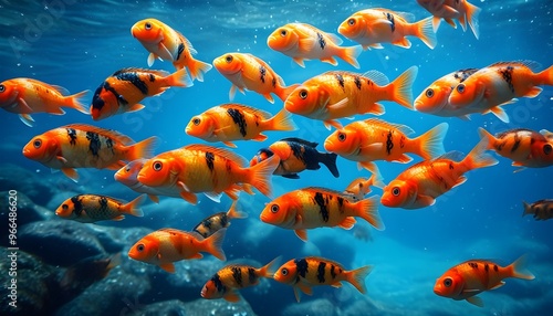 Vibrant school of orange and black fish gliding through crystal clear blue ocean waters