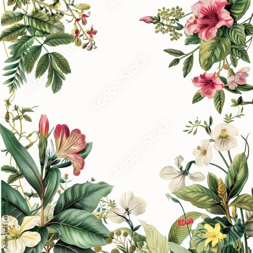 Floral botanical illustration featuring a border of various flowers and plants with a blank central area