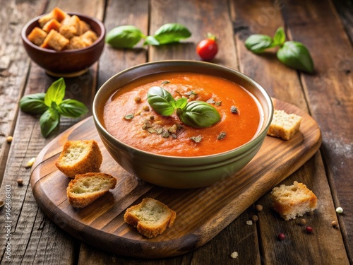 Warm and inviting bowl of creamy tomato soup garnished with fresh basil leaves and crusty bread crumbs against a rustic wooden table background.