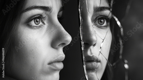 Looking at her reflection in the broken mirror, the woman felt unhappy with how she looked.
