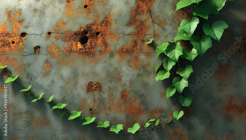 Rusty wall adorned with vibrant green vines emerging from weathered surfaces and punctuated by numerous holes photo