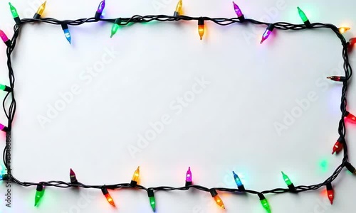 a frame made of a Christmas garland with lights going on and off, on white background with copy space for card, banner, advertisement. Season greetings concept