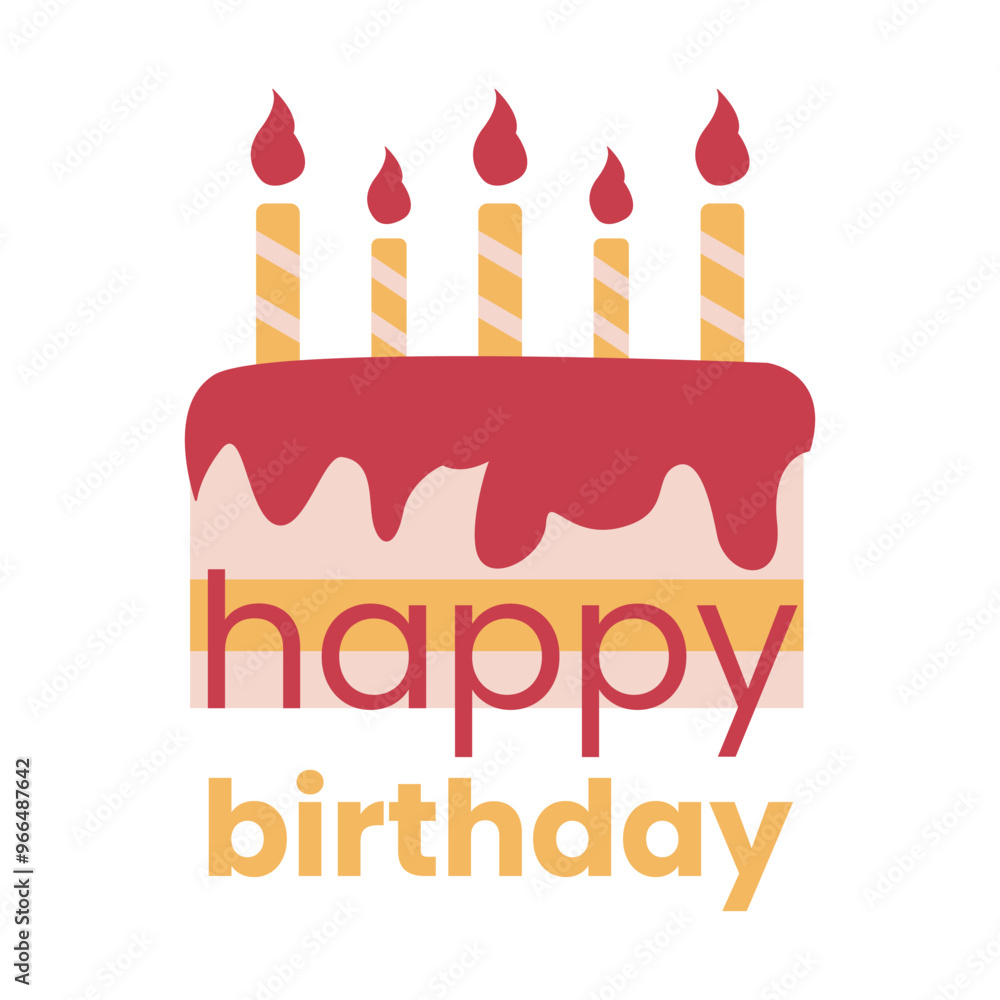 Happy birthday text, Cake burning striped Candles. Greeting Card phrase. Congratulations on annual festive event. Sweet food, icing. Anniversary symbol. Make wish. Isolated. Flat Vector illustration. Happy birthday text, Cake burning striped Candles. Greeting Card phrase. Congratulations on annual festive event. Sweet food, icing. Anniversary symbol. Make wish. Isolated. Flat Vector illustration.