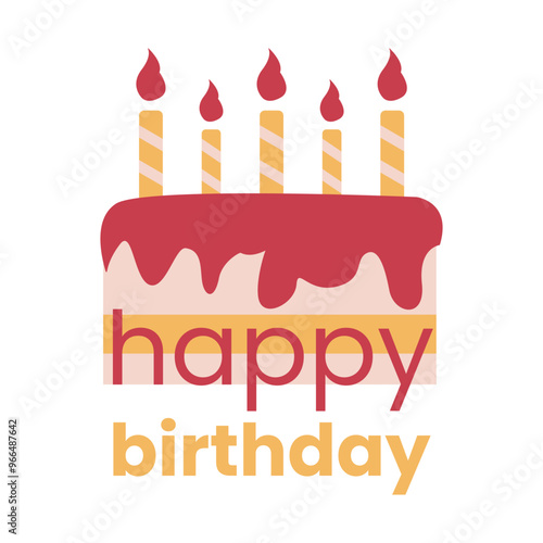 Happy birthday text, Cake burning striped Candles. Greeting Card phrase. Congratulations on annual festive event. Sweet food, icing. Anniversary symbol. Make wish. Isolated. Flat Vector illustration.