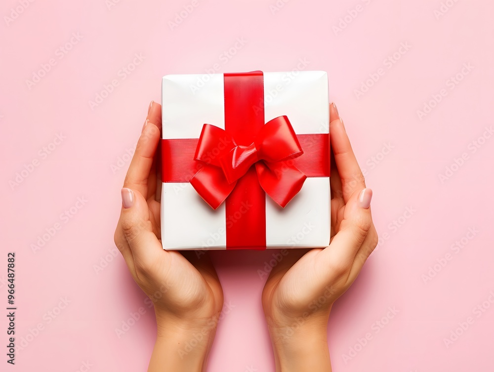 Woman hands holding birthday gift box with red bow on pink background Woman hands holding birthday gift box with red bow on pink background