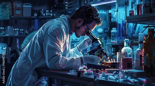 Scientist examining samples under a microscope in a laboratory setting.