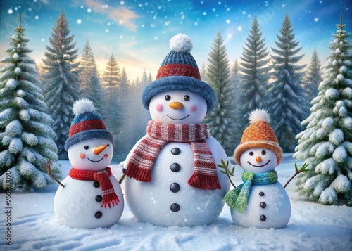 Winter wonderland scene featuring three cheerful snowmen of various sizes, adorned with scarves, hats, and coal eyes, standing in a snow-covered forest clearing. photo