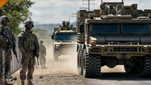 Military convoy of armored vehicles and soldiers on dusty road. Combat troops patrolling arid terrain with heavily armed trucks, showcasing modern warfare and defense operations