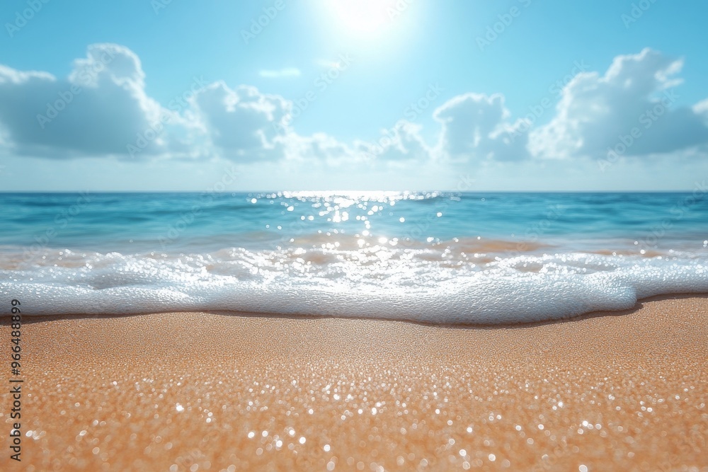 Golden sand by the ocean, with gentle waves. Generative AI Golden sand by the ocean, with gentle waves. Generative AI