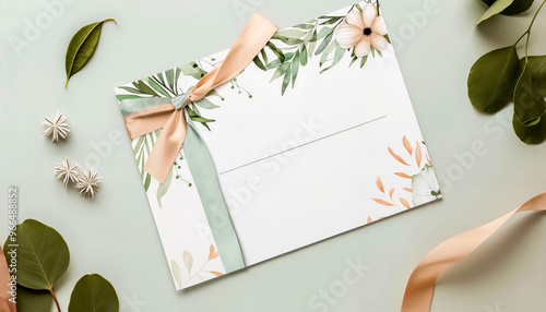 A wedding invitation with a pink ribbon tied around it photo