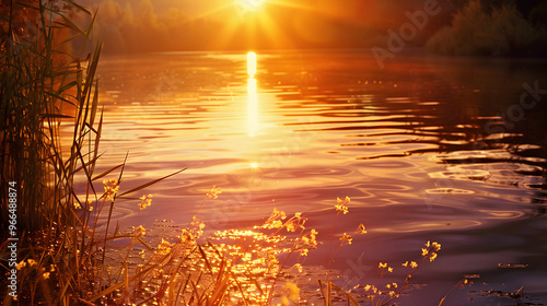 Peaceful Lakeside Scene with Clear Water and Sparkling Sunlight