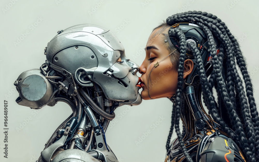 A woman kissing a robot head on the cheek A woman kissing a robot head on the cheek