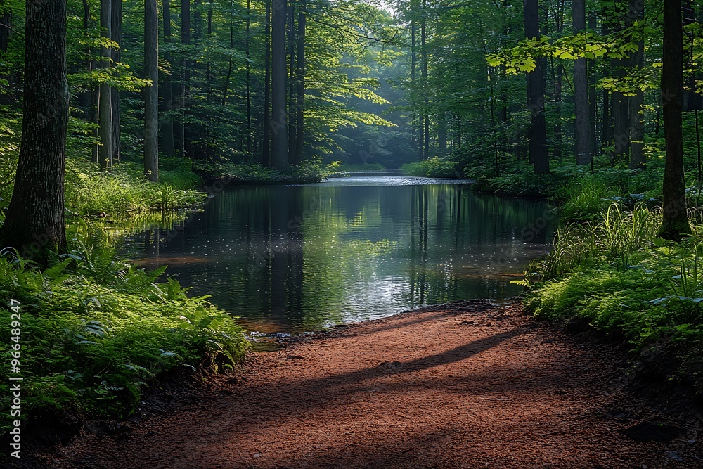A dirt trail leads through a dense forest to a tranquil pond bathed in soft morning light. A dirt trail leads through a dense forest to a tranquil pond bathed in soft morning light.
